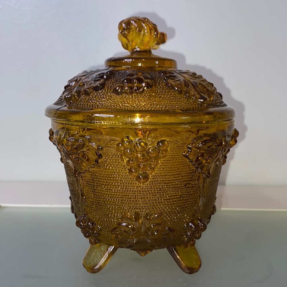 Westmoreland Amber Footed Ornate Harvest Grape Design Candy Dish Collectible 6”